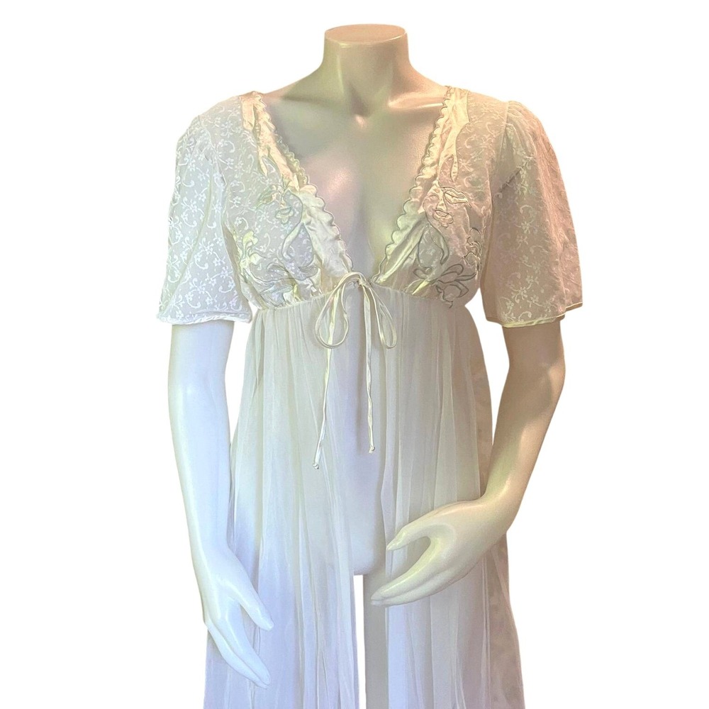 Vintage White Lace Sheer Mesh Peignoir Robe Duster Nightgown Bridal Lingerie EUC